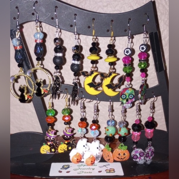 Halloween Earrings Cats Bats Snake Jack Ghost Spider Beaded Charms Handmade - Picture 7 of 10